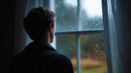 A contemplative Caucasian boy gazes through a rain-flecked window, evoking World Listening Day and quiet introspection vibes