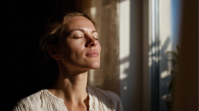 Sun-kissed serenity as Caucasian woman revels in dawn's embrace; Summer Solstice, mindfulness retreat, ethereal tranquility at home