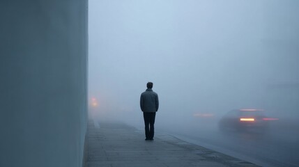 Fototapeta premium Solitary figure in expansive urban fog dreams, evoking All Hallows' Eve mystery, atmospheric urban solitude, and mist-laden contemplation