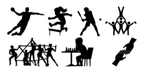 Dynamic silhouette collection showcasing sports like handball, track hurdles, baseball, cheerleading, obstacle course, chess, and helping hands in vector style