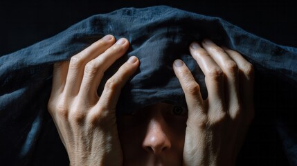 Mysterious figure draped in shadowy fabric, introspective Halloween whispers, ethereal aura, evoking Dia de los Muertos contemplation