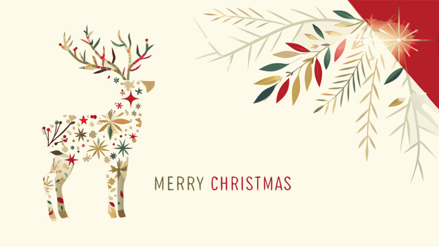 Elegant merry christmas greeting card featuring a decorative reindeer silhouette filled with festive holiday motifs and foliage