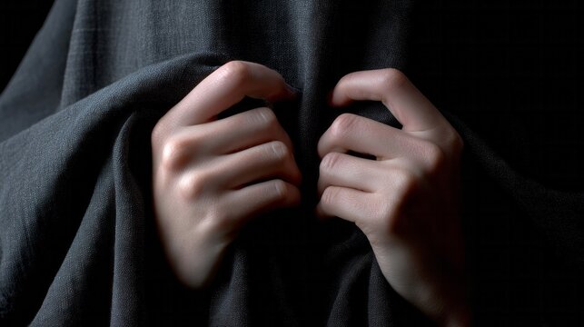 Striking hands clutch shadowy fabric, an evocative tapestry of mystery and tension; perfect for Gothic storytime or Samhain celebrations - Powered by Adobe