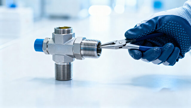 Professional Hand Adjusting Plumbing Pipe Fitting with Pliers in Factory Environment - Powered by Adobe