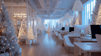 Festive Office Interior: A bright and modern office space, decked with twinkling lights and decorated Christmas trees. The scene radiates a sense of festive cheer and professional elegance.