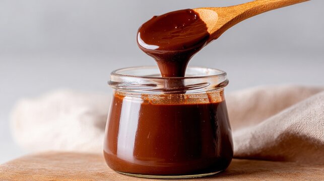Rich chocolate sauce cascading from wooden spoon into jar, ideal for Chocoholics Day celebrations, evokes velvety indulgence