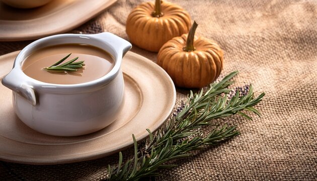 Thanksgiving Dinner Table Gravy Sauce In Ceramic Jug With Rosemary On Burlap Cloth For Thanksgiving Dinner Table Setting