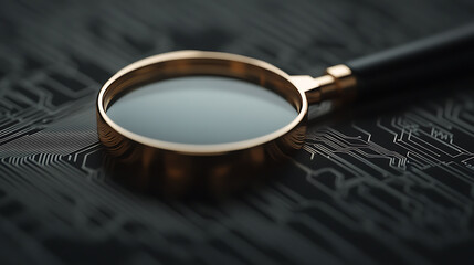 Exploring the Digital Realm: A magnifying glass rests on a circuit board, symbolizing detailed analysis, cyber investigation, and the intricacies of technology and innovation.