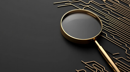 Golden magnifying glass on dark background highlights circuit board lines, inviting detailed inspection of intricate electrical designs for innovation.
