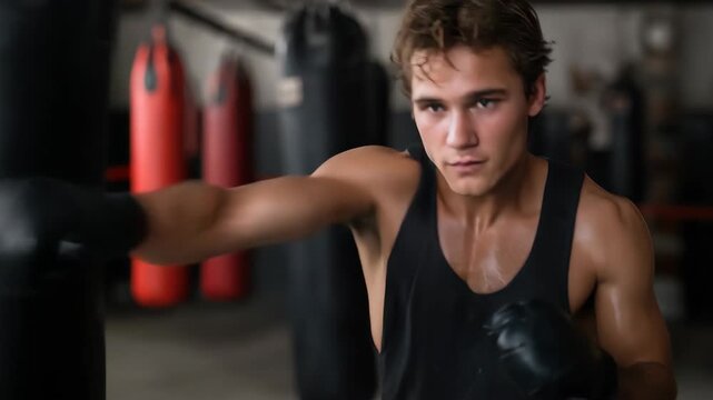 Confident young fighter trains vigorously in a boxing gym, delivering powerful strikes to punching bags during a focused workout session