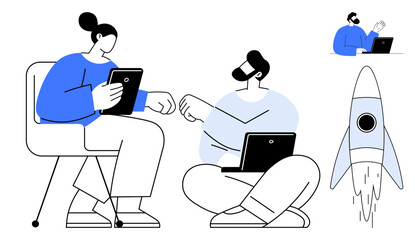 Two individuals discussing ideas with digital devices, sharing a handshake. A rocket symbolizes innovation and growth. Ideal for teamwork, communication, strategy, technology, brainstorming, startup