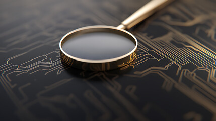 A magnifying glass rests on a dark surface etched with gold lines, suggesting a deep dive into data, technology, or detailed analysis. Intricate gold pattern.