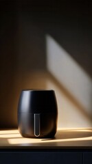 Sleek black air fryer basking in golden morning light, perfect for Hygge-inspired feasts and International Day of Happiness