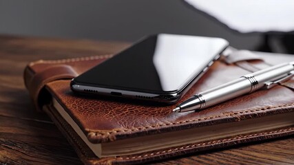 Smartphone Pen and Leather Notebook on a Wooden Desk. - Powered by Adobe