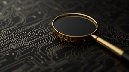 A detailed look at the golden circuit board with a magnifying glass. Technology is improving the world, it is a detailed look into the digital, exploring the unknown.