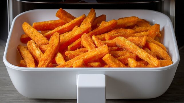 Golden sweet potato fries bask in culinary splendor, evoking Vegan Day delights and National Spud Month crisp celebrations - Powered by Adobe
