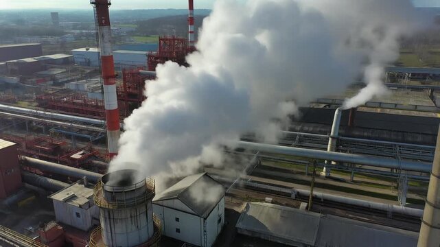 Drone Shot of Industrial Plant with Steam Venting Pipe