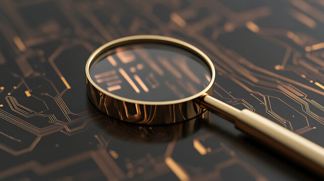 Golden magnifying glass on a circuit board, symbol of technology and research. The magnifier is focused on intricate circuit patterns, revealing fine details.