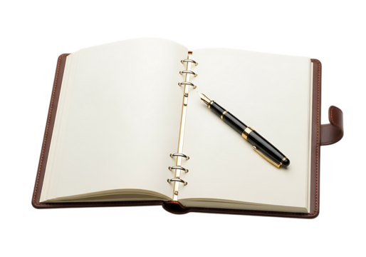 An open leather bound notebook with blank pages and a pen resting on the right page isolated on transparent background
