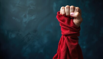 Female hand clenches in fist. Red fabric accentuates the gesture. Symbolism includes protest fight social justice. Dark background emphasizes power strength and resistance.