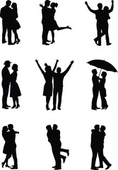 Romantic couple silhouettes hugging, kissing, holding hands, dancing, umbrella love scene, affectionate poses, relationship illustration, black silhouette grid, romance concept, 