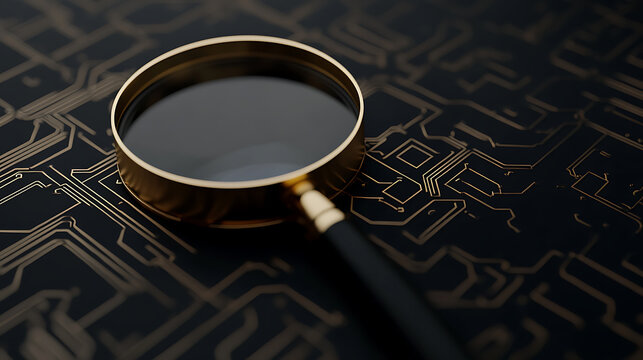 A striking close-up of a magnifying glass resting on an abstract electronic circuit board pattern, highlighting complexity and detail.  Investigation in the digital age. - Powered by Adobe