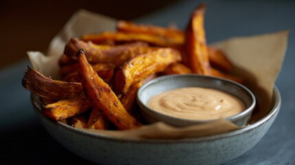 Crispy sweet potato fries entice with umami allure, perfect for Friendsgiving feasts, vegan delights, indulging in culinary whispered secrets
