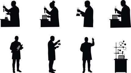 Scientists silhouette in laboratory, chemistry research, lab coat professionals, experiment with test tubes, beakers, flasks, molecular structure, science teamwork,