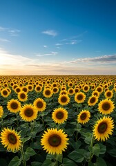 Fototapeta premium Expansive vista of sunflower blooms under a radiant blue sky backdrop