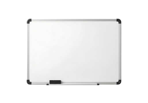 A clean white dry erase board with a black marker tray isolated on transparent background
