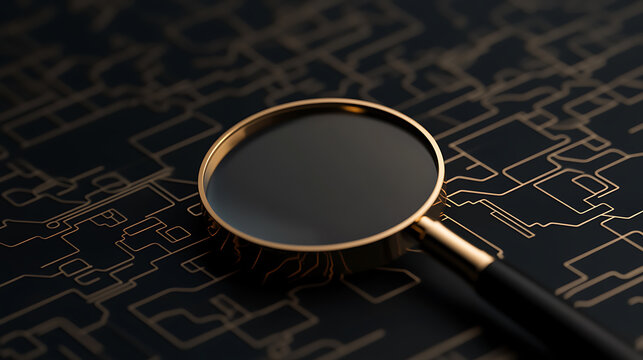 A sophisticated golden magnifying glass resting atop an intricate circuit board pattern, symbolizing careful examination and attention to detail in the digital landscape.