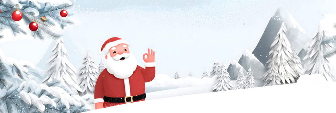 Santa claus waving hello in a snowy winter forest landscape