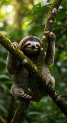 Naklejka premium Sloth Hanging on a Tree Branch in a Lush Green Forest.