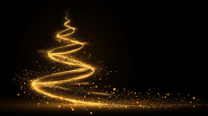 Obraz premium Golden Trail of Holiday Cheer: A luminous, gold-colored, abstract Christmas tree shimmers against a dark backdrop, creating an enchanting festive feel.