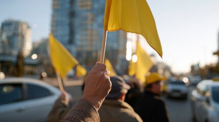 Hand clutching vivid yellow flag in sunlit urban protest, multicultural solidarity, International Workers' Day, diversity celebration