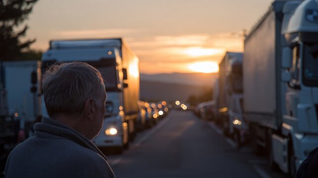 Sunrise over a convoy, a contemplative elderly man admires the horizon's glow, invoking Truck Driver Day and road trip mystique
