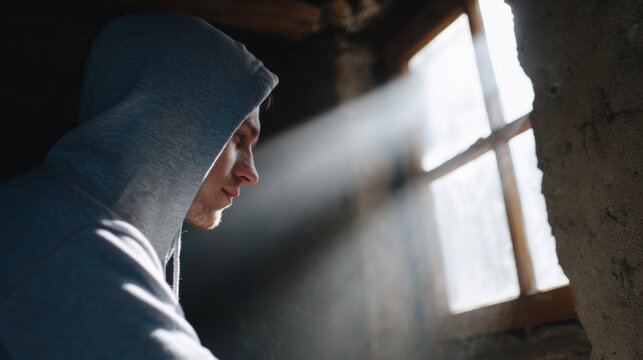 Mystical rays pierce solitude, lighting a brooding Caucasian man's contemplative world, evoking Winter Solstice reflection and Hygge coziness - Powered by Adobe