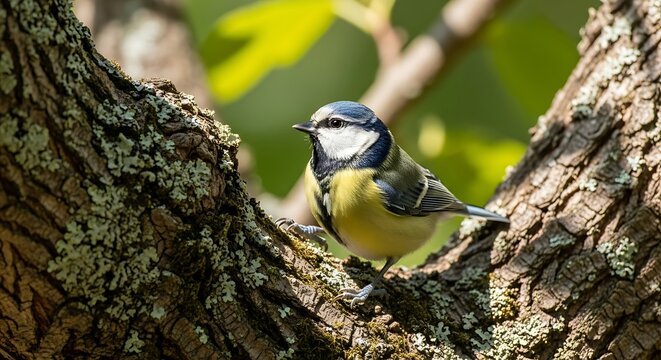 Small blue tit bird perched on a textured tree branch in a natural outdoor setting.