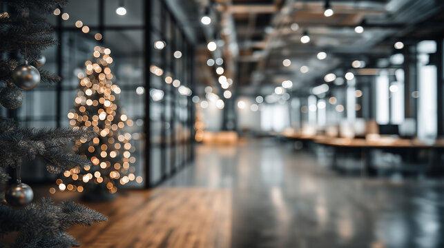 Festive Office Scene: An open-plan office space decorated with a shimmering Christmas tree, creating a sense of seasonal cheer amidst modern architecture.
