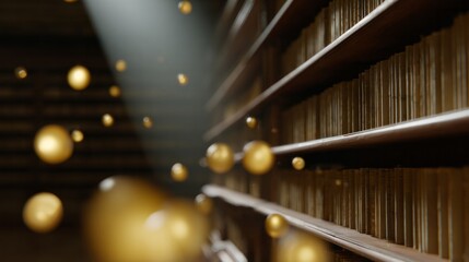 Golden orbs drift mysteriously in a shadowy library, evoking bibliophilic wonder; perfect for Book Lovers Day enchantment