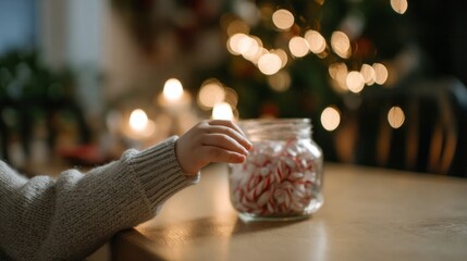 A childs hand reaching for peppermint candy evokes Yuletide nostalgia, capturing Hygge coziness and familial warmth