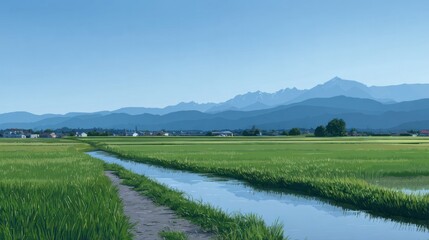 Sun-drenched emerald rice fields cradle quiet canals under azure skies, celebrating Tsukimi moon viewing and traditional rice harvest festivals
