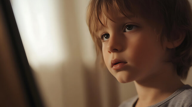 Intense gaze of a young child, lost in thoughts. The soft, warm lighting enhances the innocence of childhood, capturing a moment of quiet introspection. #ChildhoodMoments