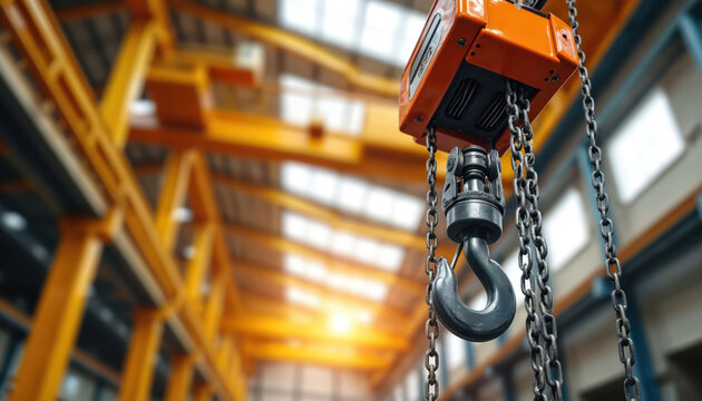 Industrial electric hoist with chain, hook for lifting loads inside factory. Crane machinery for manufacturing, construction work. Heavy duty equipment for production, warehouse logistics. Close up