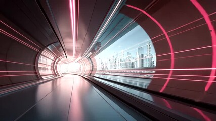 Futuristic tunnel with glowing neon lines leading to a modern city - Powered by Adobe