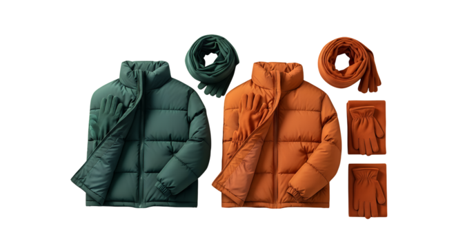 A stylish collection of winter puffer jackets in green and orange, complete with matching scarves and gloves isolated on a transparent background