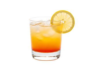 Refreshing orange and yellow layered cocktail with ice and lemon slice isolated on transparent background