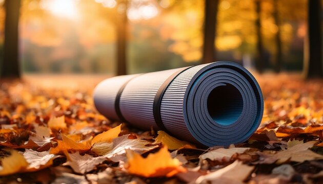 rolled yoga mat resting on fallen leaves
