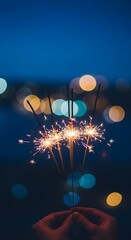 Hands holding sparkling bengal lights against a blurred urban night sky background