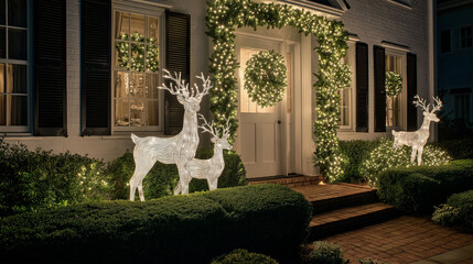 Holiday Home Decorations: A beautifully illuminated home, adorned with festive decorations featuring a garland and illuminated deer. The decorations cast a warm glow, inviting and cheerful.